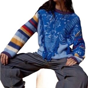 NEW Urban Outfitters BDG Sweater Blue Multi Marlon Pullover Mini Fringe Dress XS